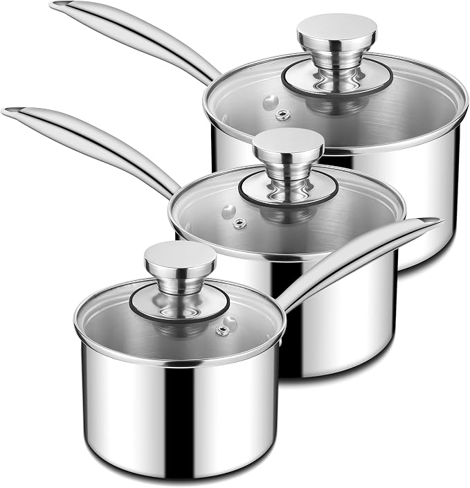 Homikit Stainless Steel Saucepan Set, 1Qt & 2Qt & 3Qt Sauce Pan with Lids 6pcs, Tri-Ply Bottom Induction Compatible Small Cooking Pot kitchen Cookware Set, Dishwasher Safe & Nonstick