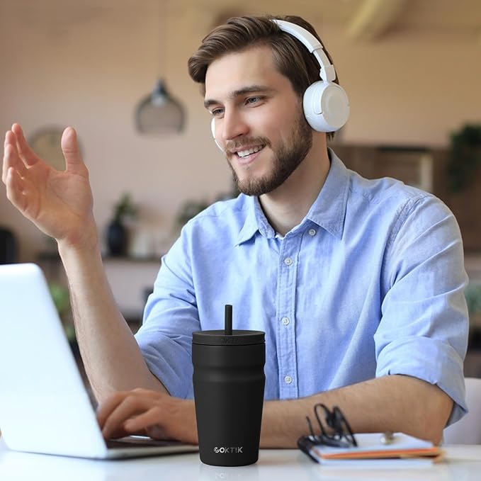 COKTIK 16oz Insulated Tumbler with Lid and Straw Iced Coffee Cup Reusable Stainless Steel Travel Mug Water Bottle Cupholder Friendly for Women Men Her Him (Black)