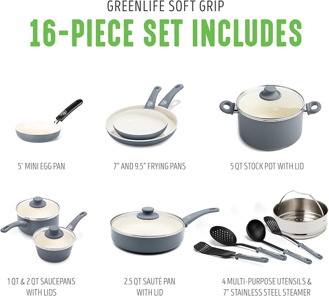 GreenLife 16 Piece Ceramic Nonstick Pots & Pans Cookware Set, Gray | PFAS-Free Nonstick Coating, Stockpot, Frying Pans, Saucepans, Sauté Pan, Stay-Cool Handles, Dishwasher & Oven Safe up to 350F