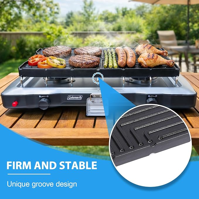 Utheer Ceramic Reversible Griddle for Coleman Cascade & Triton, 17.4 x 8.5 | Flat & Ribbed Camping Griddle with Ceramic Nonstick Surface, Built-In Storage Fit & No-Wobble Base, for 2-Burner Camp Stoves