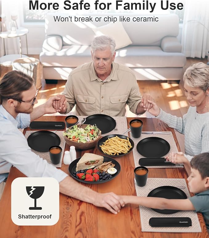 Quatish 16 Piece Plates and Bowls Sets for 4, Unbreakable Dinnerware Sets, Dish Set for Camping, Dishwasher Microwave Safe, Outdoor Kitchen and Apartment Dorm Dinning RV Essentials, Black