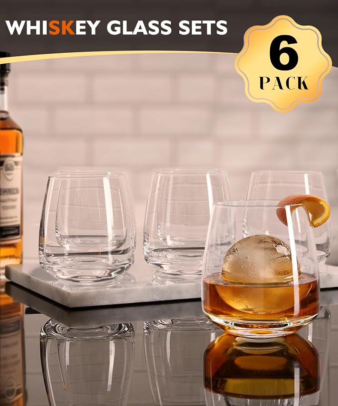 Whiskey Glasses Lead-Free Crystal Old Fashioned Glass Clear Set of 6 13.5oz | whiskey glasses with ergonomic curved shape, Holds ice balls，elegant gift choice for whiskey lovers