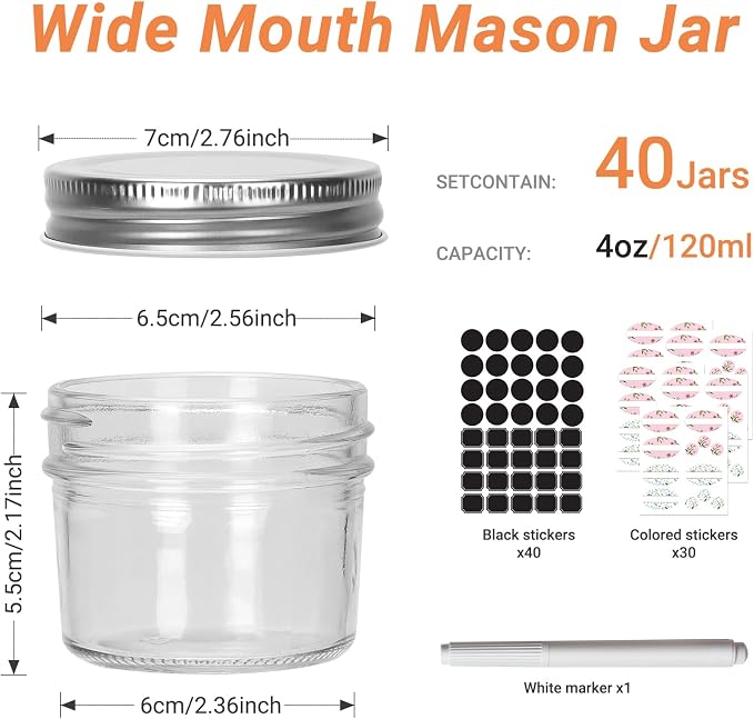 4 oz Mason Jar with Airtight Lids,40 Pack Wide Mouth Small Glass Mason Jars | 100ml Mini Glass Canning Jar Kitchen Storage Jars for Jams,Fruits Salad,Jellies,Spices,Handmade Desserts