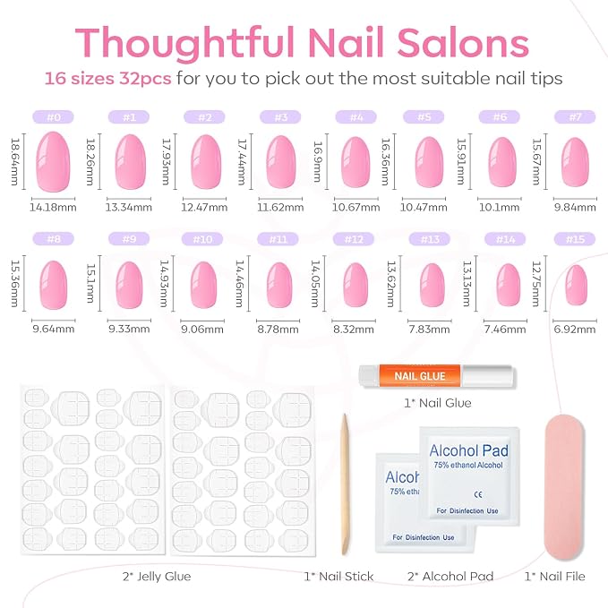 modelones Short Press on Nails, Oval Fake Nails Kit Nails Press Ons | with Nail Glue, Adhesive Tabs, Nail File, Prep Pad, Manicure Stick, Pink, 32Pcs 16 Sizes, Summer Women Girl Gift