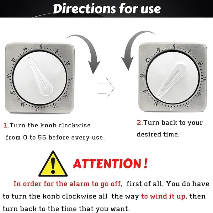 Kitchen Timers for Cooking, Chef Cooking Timer Clock with Loud Alarm,100% Mechanical Desk Timer - No Batteries Required - Magnetic Backing, Exquisite Stainless Steel Body - Countdown Reminder Magnetic