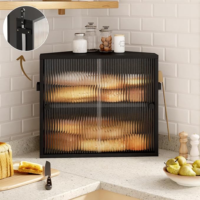 Corner Bread Box with Sliding Acrylic Doors, Double Layer Bread Bin | Bread Box for Kitchen Countertop, Bamboo Bread Storage Container, Large Capacity Vintage Farmhouse, Black, Meduim