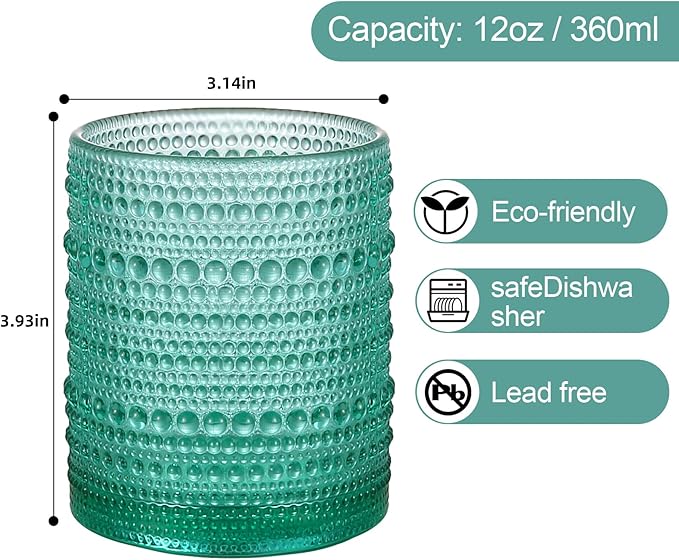 ZMOWIPDL Drinking Glasses Set of 6,12oz Lake Blue Hobnail Glass Cups | Vintage Glassware，Embossed Water Tumbler,for Beer,Cocktail,Whiskey,Juice and Various Mixed Drinks- 1 Cleaning Brush