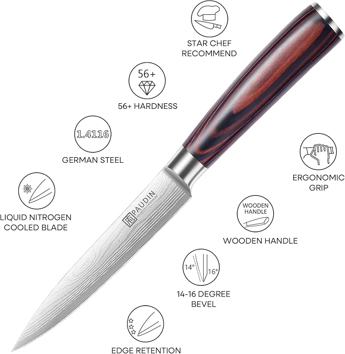 PAUDIN Kitchen Utility Knife, 5 Inch Chef Knife Fruit Knife, Gift Box | Ultra-Sharp High-Carbon Stainless Steel, Multipurpose Paring Knife for Fruit and Vegetable Cutting with Wooden Handle