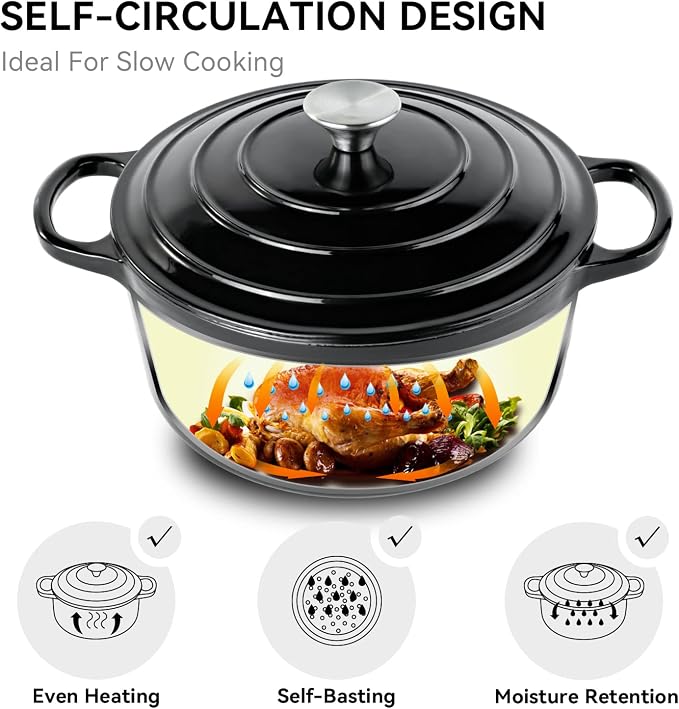 Miereirl 6 Quart Enameled Dutch Oven Pot with Lid, Cast Iron Dutch Oven with Dual Handles for Bread Baking, Cooking, Non-stick Enamel Coated Cookware (Black)
