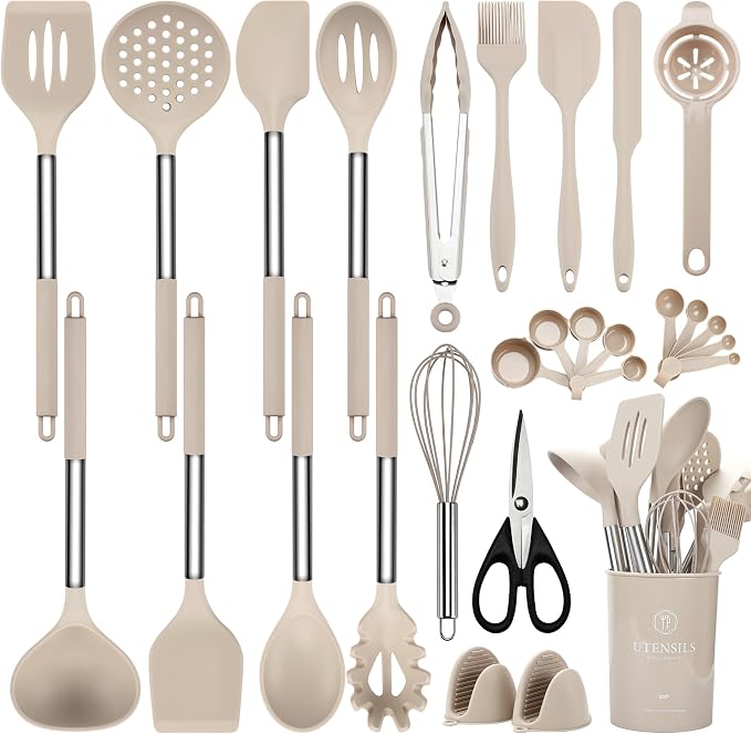 NCUE 28-Piece Silicone Kitchen Utensils Set with Stainless Steel Handles | 446°F Heat Resistant Cooking Utensils Set with Holder, BPA-free Food Grade, Nonstick Cookware Safe, Great for New Home Baking