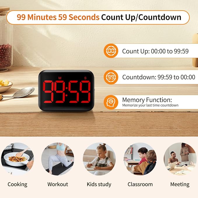 Magnetic Kitchen Timer for Cooking with Count Up Countdown, Digital Timer Battery Powered with Large Display, 2 Brightness and Volume Levels for Classroom, Teacher, Kids (Red)