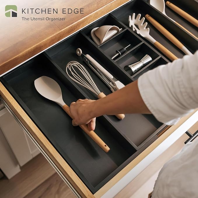 Utensil & Junk Drawer Organizer, 19-33 in, Black Bamboo | Food-safe contract grade, 100% sustainable wood, non-slip, adjustable