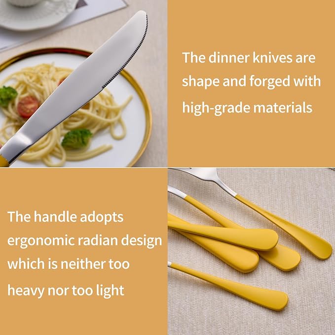 20-Piece Yellow Silverware Set 18/0 Stainless Steel Silverware Set Yellow Handle Cutlery Set Service for 4 Dinner Knives Forks Spoons Set Flatware Set Finish Dishwasher Safe