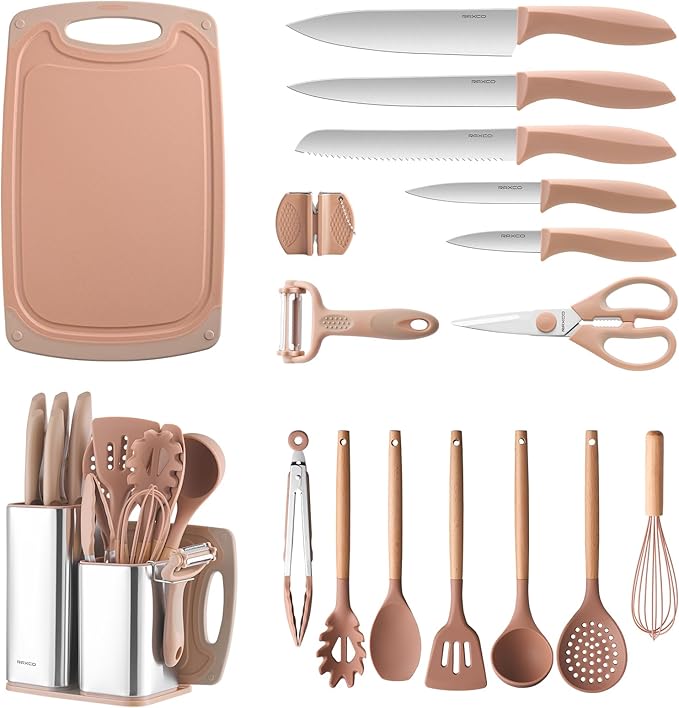 Utensil Sets,18-Piece Silicone Cooking Utensils and Knife Set,Mousse | Dishwasher-Safe Kitchen Utensils,Large Capacity Countertop Organizer for Knives,Utensils,Cutting Board