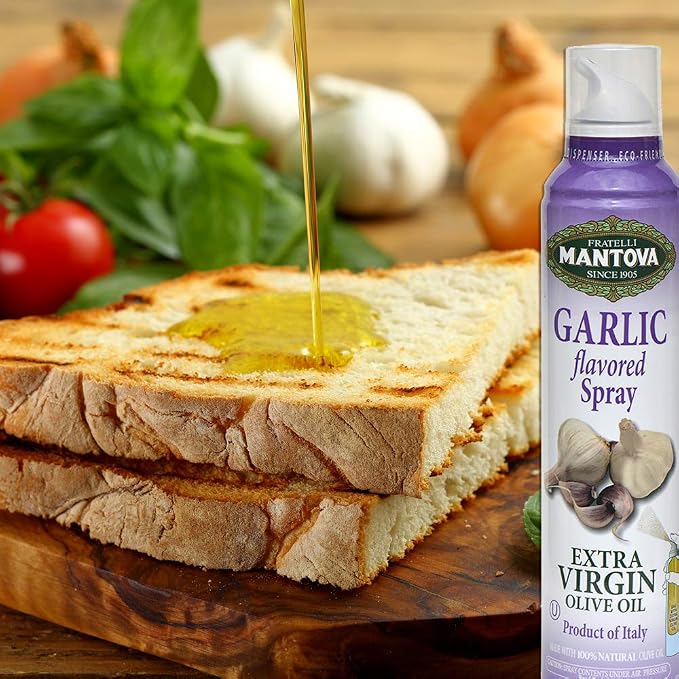 Mantova Extra Virgin Olive Oil Spray Garlic Flavored 8 oz. Spray Bottle - Manage Oil Amount - Great For Salads & Cooking (Pack of 2)