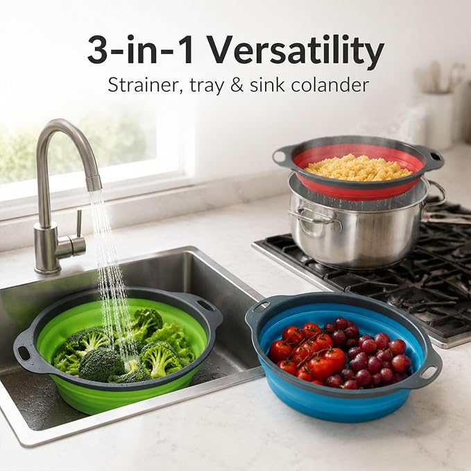 Collapsible Colander Set, 3 Pack Silicone Kitchen Strainer Set, Space Saving Design, Small Round Colander Baskets for Draining Pasta, Vegetable and fruit, (3Qt+4Qt+5Qt)