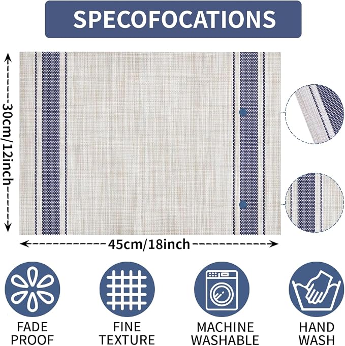 Khaki-Blue Placemats Set of 4, 12x18 Inch Heat Resistant Non-Slip Washable Durable Table Placemats for Holiday Party Kitchen Dining Room Decoration