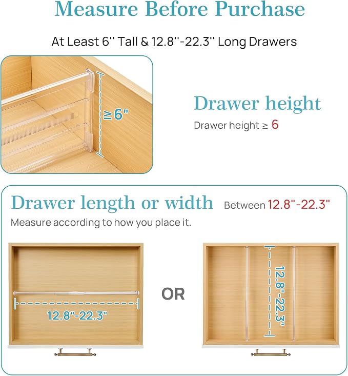Vtopmart 6" Tall Upgrade Drawer Dividers, 12.8"-22.3" Expandable, 8 Pack | Deep Drawer Organizer, Big Drawer Separator, Clear plastic Adjustable Storage Divider for Dresser, Baby Supplies, Kitchenware