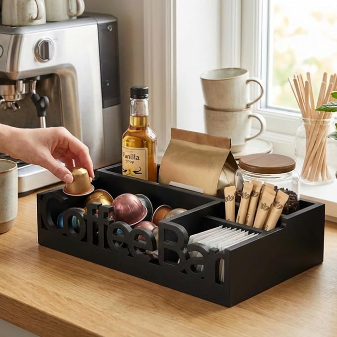 Coffee Bar Organizer Countertop,Wood Caddy with Compartments for Pods,Black | Coffee Pods, Sugar Packets, Stir Sticks & Cups