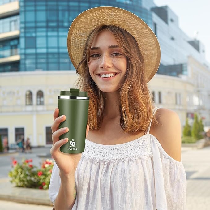 Insulated Travel Coffee Mug Reusable Coffee Tumbler Cup with Flip Lid Leak Proof Spill Proof for Office School Party Camping Hot and Cold Drink,Stainless Steel 17oz (Army Green)
