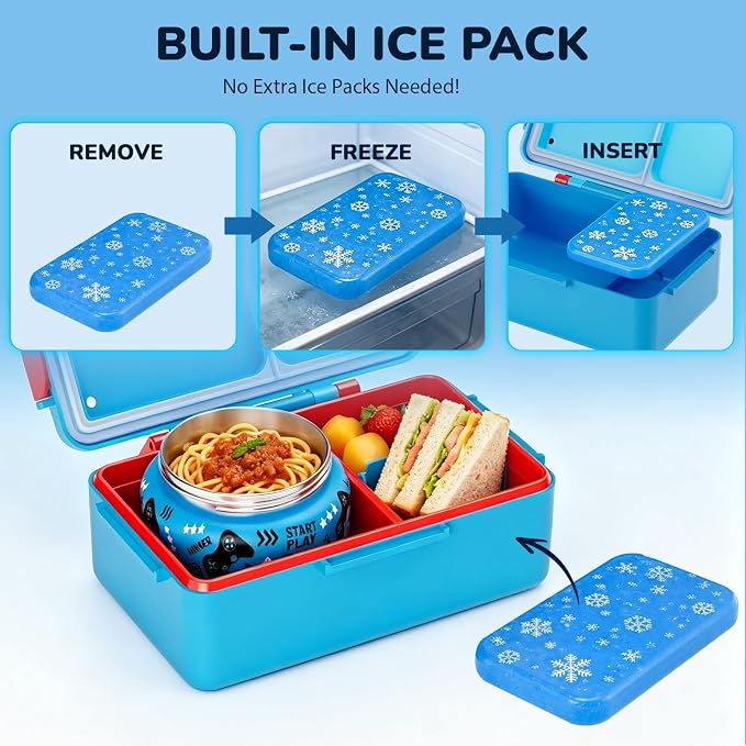 Bento Lunch Box for Kids– Game Console Design with 12oz Insulated Stainless Steel Soup Jar and Built-in Ice Pack, 3-Compartment Leak-Proof Kids Bento Box for Boys Girls School Travel