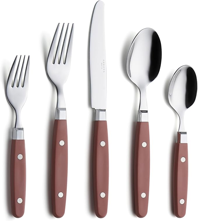 ANNOVA Silverware Set, Retro/Rivet Colorful Stainless Steel Tableware Kitchen Flatware Set Utensils, Includes Dinner Knives, Forks, Spoons, Salad Forks & Dessert Spoons (Brown, 20 Pieces)