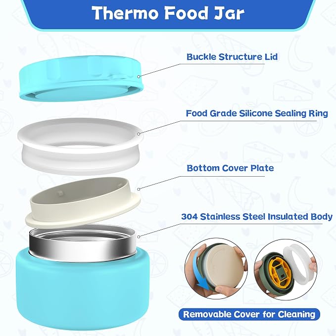 Aimsnk Kids Lunch Box with Thermo Insulated Lunch Bag for School, Blue | Kids Bento Lunch Box with 8oz Food Jar, Leak Proof Hot Soup Lunch Containers with 4 Compartment, Warm Lunchbox for Toddler