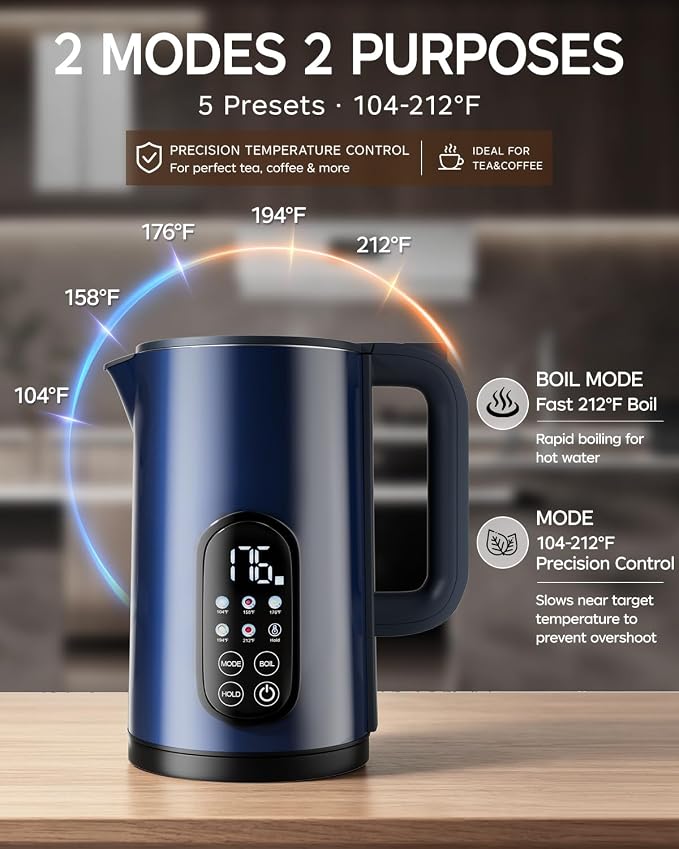1.7L Stainless Steel Electric Kettle with Temperature Control – Blue