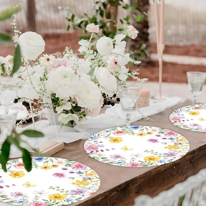Watercolor Wildflower Wreath Paper Placemats - 50PCS Disposable Round Table Mats for Summer Brunch Birthday Wedding Anniversary Bride Party Supplies