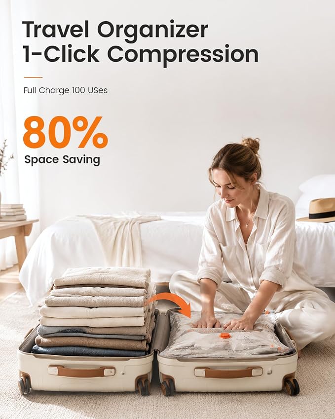 Vacuum Seal Bags for Clothing, Space Saver Bags with Rechargeable Cordless Air Pump, Compression Packing Bags for Packing, Luggage and Seasonal Storage (15 Combo Set)