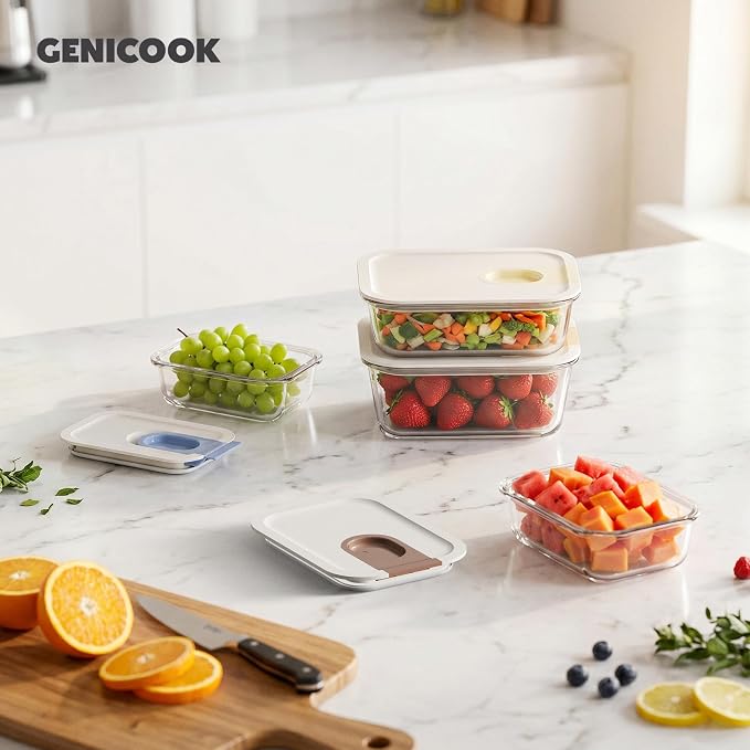 GGENICOOK 4 Pack Glass Produce Containers for Fridge with Slide Lid | 129oz Borosilicate Glass Food Storage Containers, Stackable Fridge Organizer, BPA Free, Microwave, Oven & Dishwasher Safe
