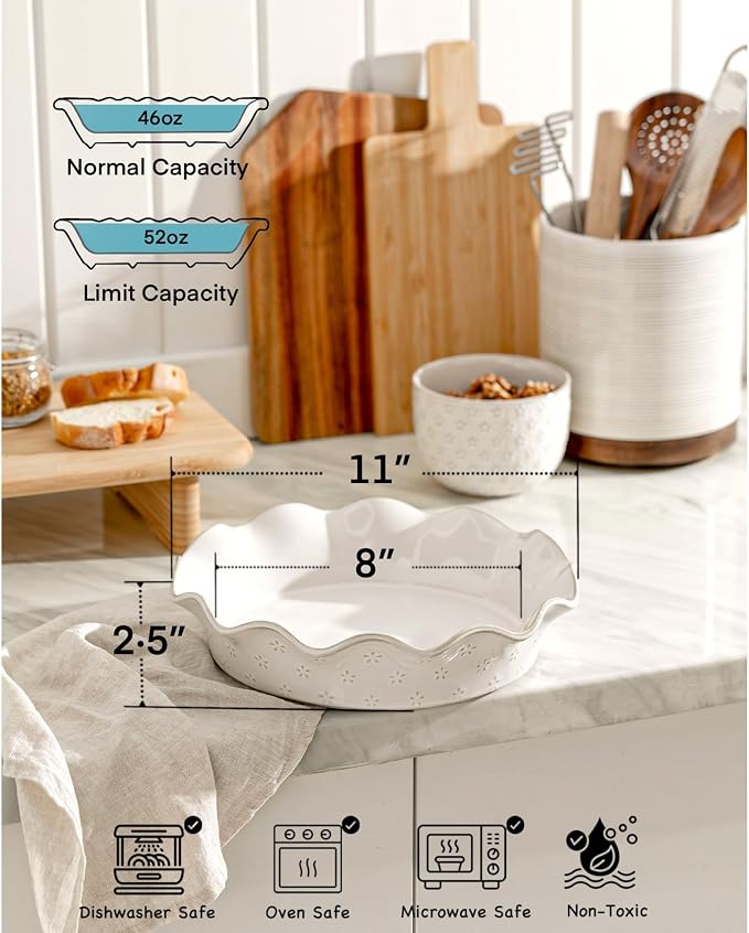 Ceramic Deep Pie Pan for Baking, 11 inch Porcelain Pie Plate for Apple Pie, Oven & Dishwasher Safe, Farmhouse Decor, 48 Ounce Deep Plate for Kitchen, Non-Stick Pie Dish, Embossed Flower