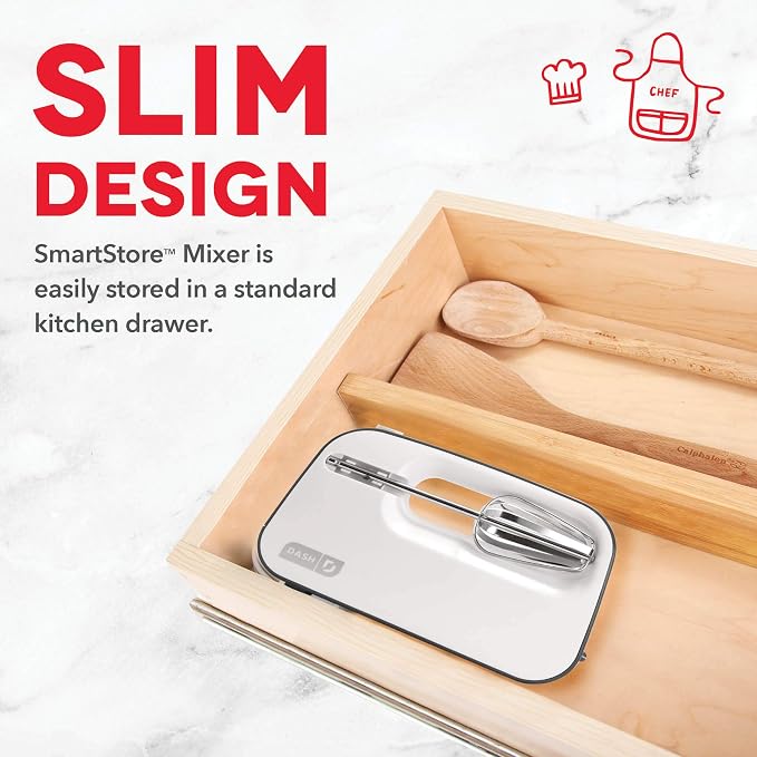 Dash SmartStore Hand Mixer - Electric Handheld Mixer For Everyday Baking - 3-Speed Power and One-Touch Beater Ejector Button - Cool Gray, Includes Whisk and Milkshake Attachments