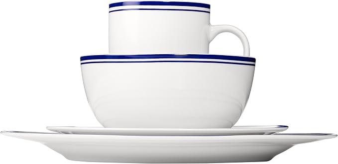 Amazon Basics 16-Piece Cafe Stripe Dinnerware Set, Microwave and Dishwasher Safe, Plates, Bowls, Mugs, Service for 4, Blue