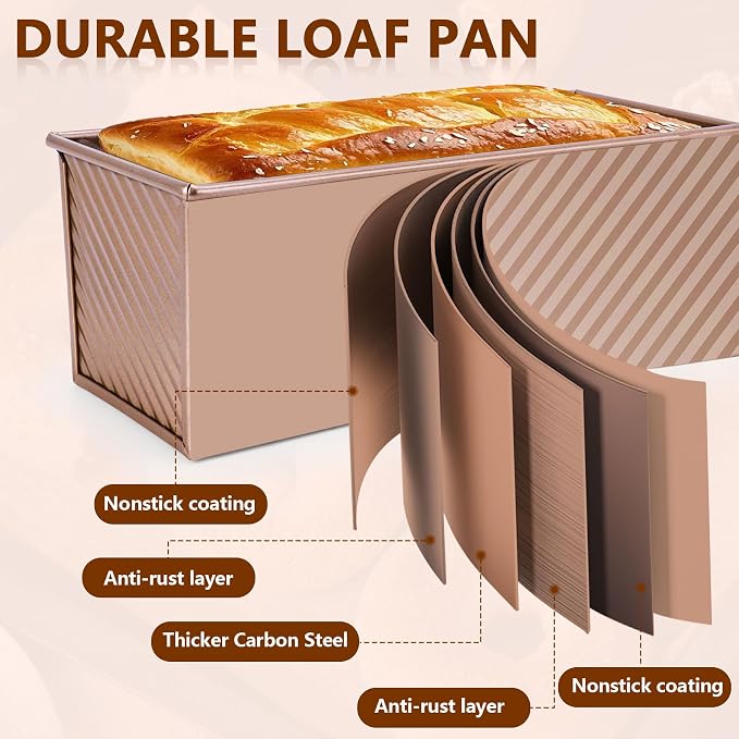 Pullman Loaf Pan with Lid 13x4, Large Bread Pan for Homemade Sandwich with Cover, 2.2lb Long Bread Loaf Tin for Sourdough, Nonstick & Easy Clean (Gold)