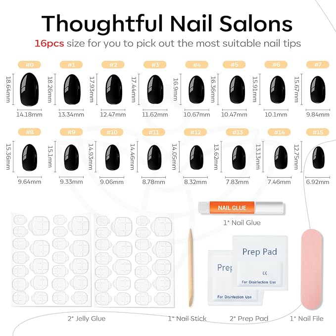 modelones Black Short Press on Nails, Oval Fake Nails Kit Nails Press Ons | with Nail Glue, Adhesive Tabs, Nail File, Prep Pad, Manicure Stick, 32Pcs 16 Sizes, Women Girl Gift