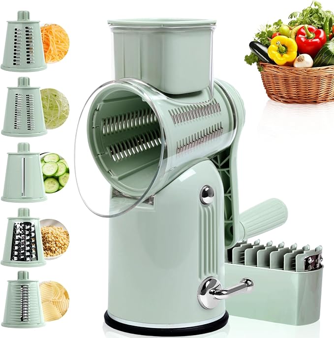 Rotary Cheese Grater with Handle, 5 Replaceable Blades(Green) | Strong Suction Base, Round Food Slicer & Chopper for Kitchen Fruit Vegetables Nuts with Blade Storage Box