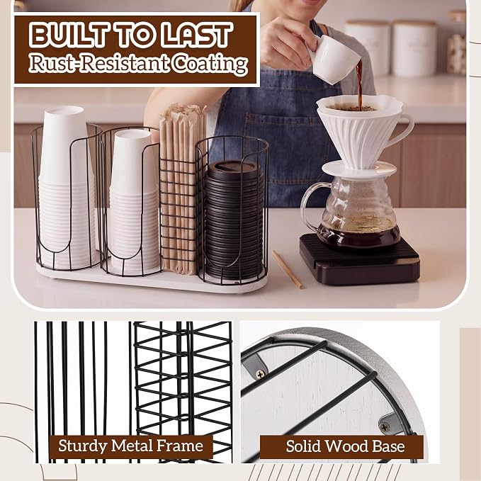 18oz Adjustable Coffee Cup Dispenser with Wooden Base, Cup and Lid Holder, Cups Holder Organizer for Coffee Pod Straw and Lid Storage(4-compartment Single,Color 3)