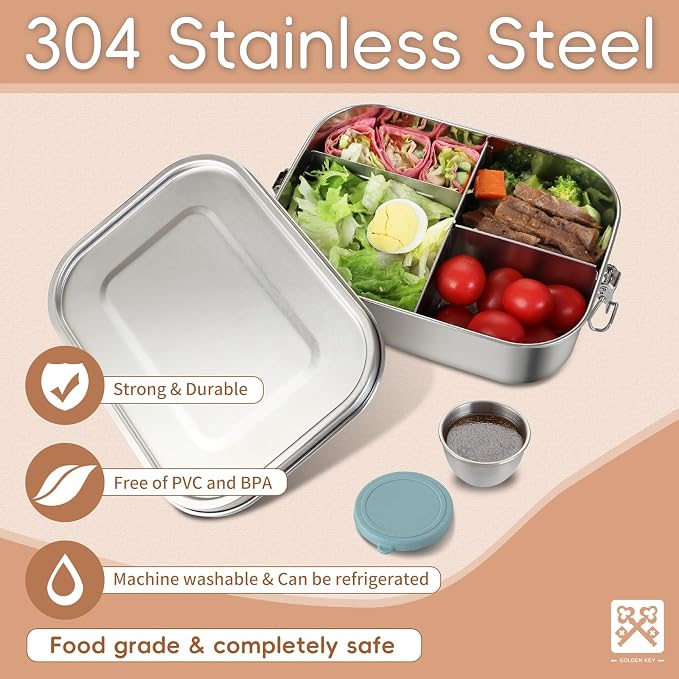 GOLDEN KEY 47oz Stainless Steel Bento Box for Adults,1400ml Large & Thickened Metal Lunch Box with 5 Compartments,Eco-friendly Leak-Proof Container with Lockable Clips