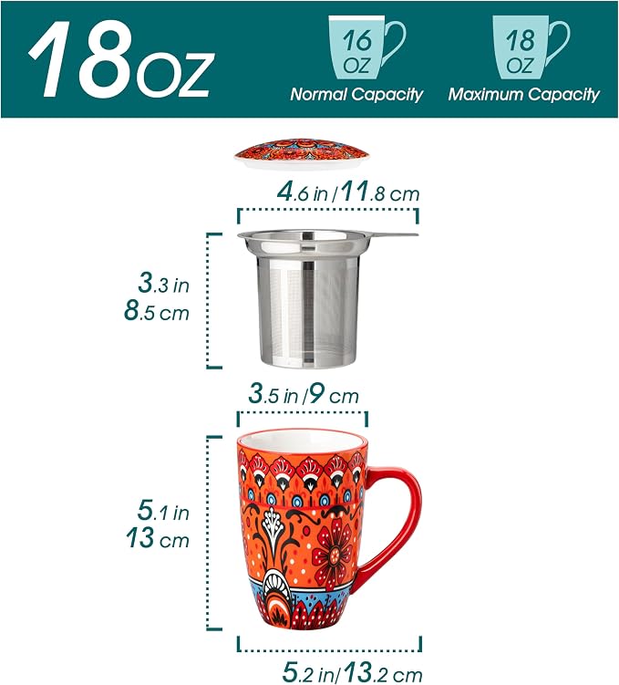 vancasso 18 Oz Tea Infuser Mug with Lid, Crimson Sunburst | Eye-Catching Bohemian Pattern, Adds Charm to Any Tea Corner, Ceramic Mug with Infuser, Microwave and Dishwasher Safe