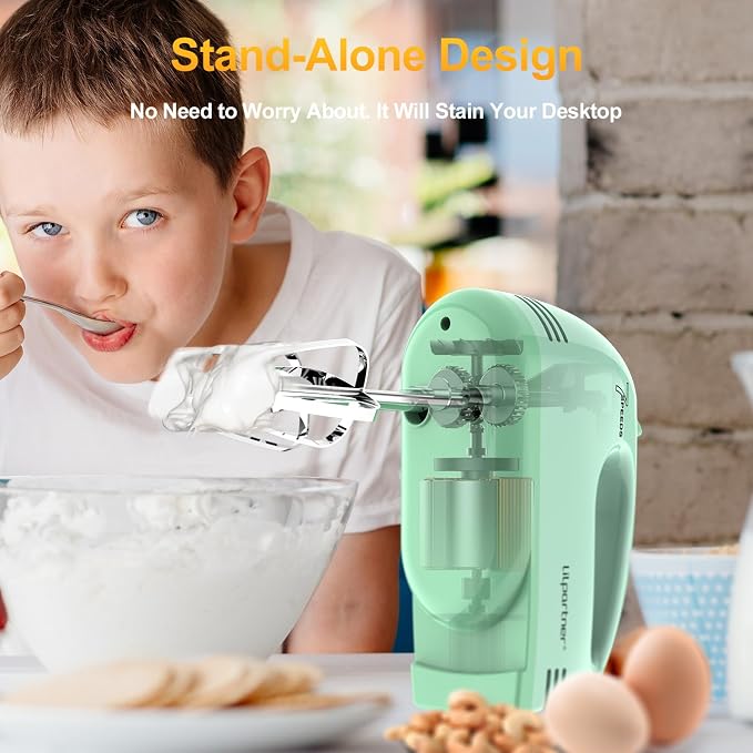 LILPARTNER Hand Mixer Electric, Ultra Power Kitchen Hand Mixer With 7-Speed & 5 Stainless Steel Accessories for Whipping Dough, Cream, Cake, Dishwasher Safe, Light Green
