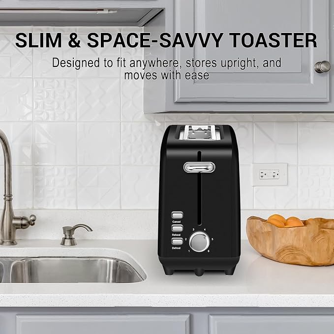 SEEDEEM Stainless Steel Toaster 2 Slice Slim, 10" Single Long Slot, Black | 6 Shade Settings, Extra Wide Slot Fits Bagels & Artisan Bread, Defrost, Cancel Function, Removable Crumb Tray