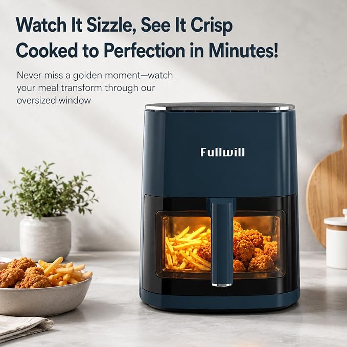Fullwill 6QT Air Fryer w/Window, 12-in-1: Fry,Roast,Bake,Dehydrate,Fries. Nonstick, Dishwasher-Safe Basket. Family/Friends Party. Max 400°F,1700W,Dark Blue