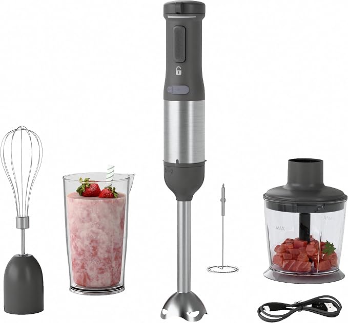 5-in-1 Cordless Immersion Blender with Rechargeable Handheld Battery | Variable-speed 2000mAh Battery，BPA-free&Dishwasher-safe, with Beaker, Chopper, Whisk & Frother for Kitchen, Grey