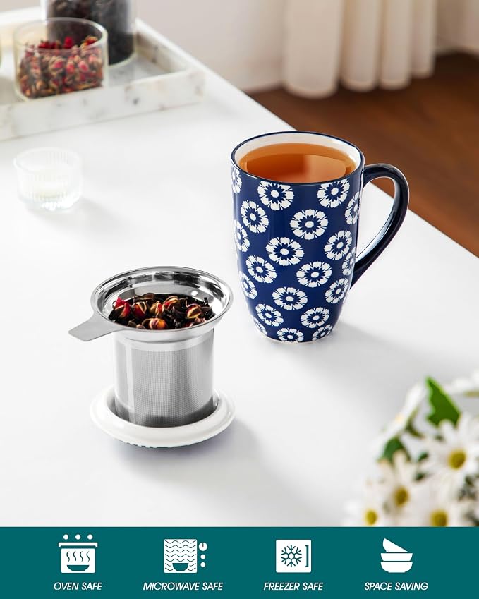 vancasso SELENE Porcelain Tea Mug, 18 oz Porcelain Tea Cup with Infuser and Lid Steeps Loose Leaf Tea, Microwave & Dishwasher Safe, Daisy Cluster