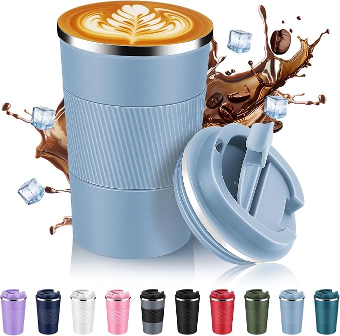 Volhoply 13 oz Stainless Steel Insulated Travel Coffee Mug with Fip Lid,Reusable Double Wall Vacuum Metal Coffee Cup,Portable to Go Leak Proof Cafe Thermal Tumbler for Hot & Cold Drinks(Fog,1)