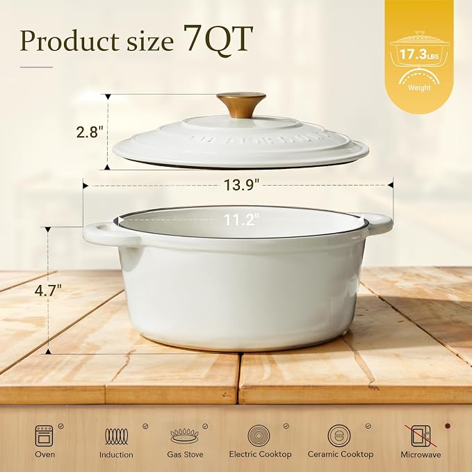 Overmont Enameled Cast Iron Dutch Oven - 7QT Pot with Lid Cookbook & Cotton Potholders - Heavy-Duty Cookware for Braising, Stews, Roasting, Bread Baking PearlWhite