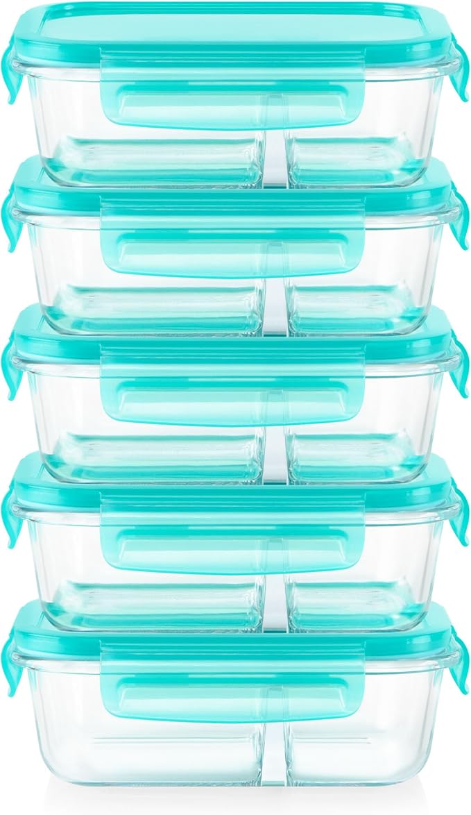 Pyrex Glass Meal Box (5-Pack, 2.3 Cup) Divided Compartments, Locking Lids | For meal prepping and portioning, BPA-Free, microwave & dishwasher safe