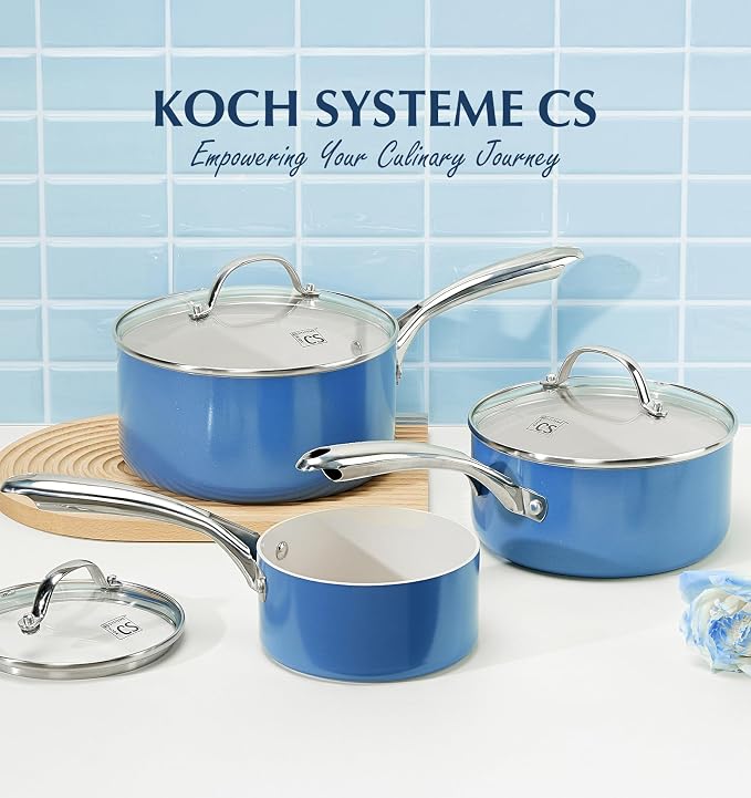 KOCH SYSTEME CS Nonstick Sauce Pan with Lid 1QT, 2QT & 3QT, Non-Toxic Ceramic Saucepan Set, Blue Sauce Pan Set, Multipurpose Cooking Pots Set, Compatible induction