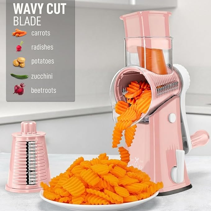 Zulay Kitchen Rotary Cheese Grater 5 Blade Cheese Shredder - Manual Hand Crank Cheese Grater With Reinforced Suction & 5 Interchangeable Drums - Easy to Use, Vegetable Chopper Round Mandoline Slicer